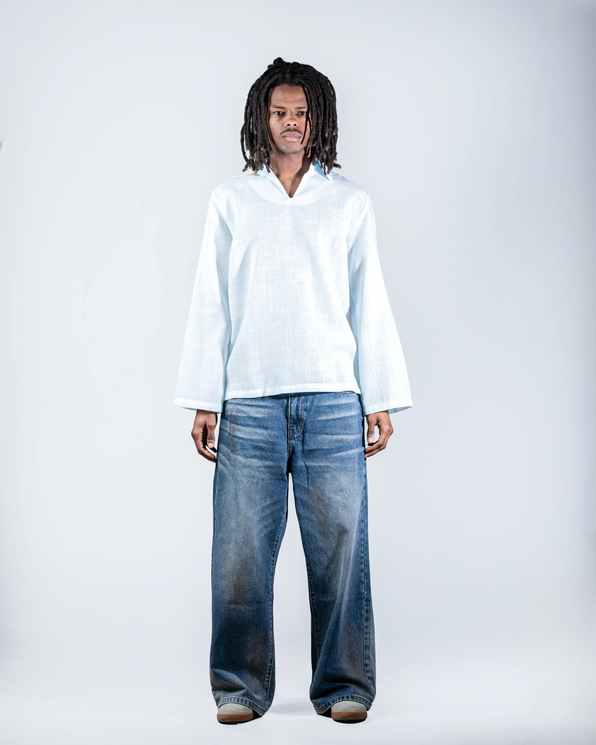Blue V-neck linen shirt