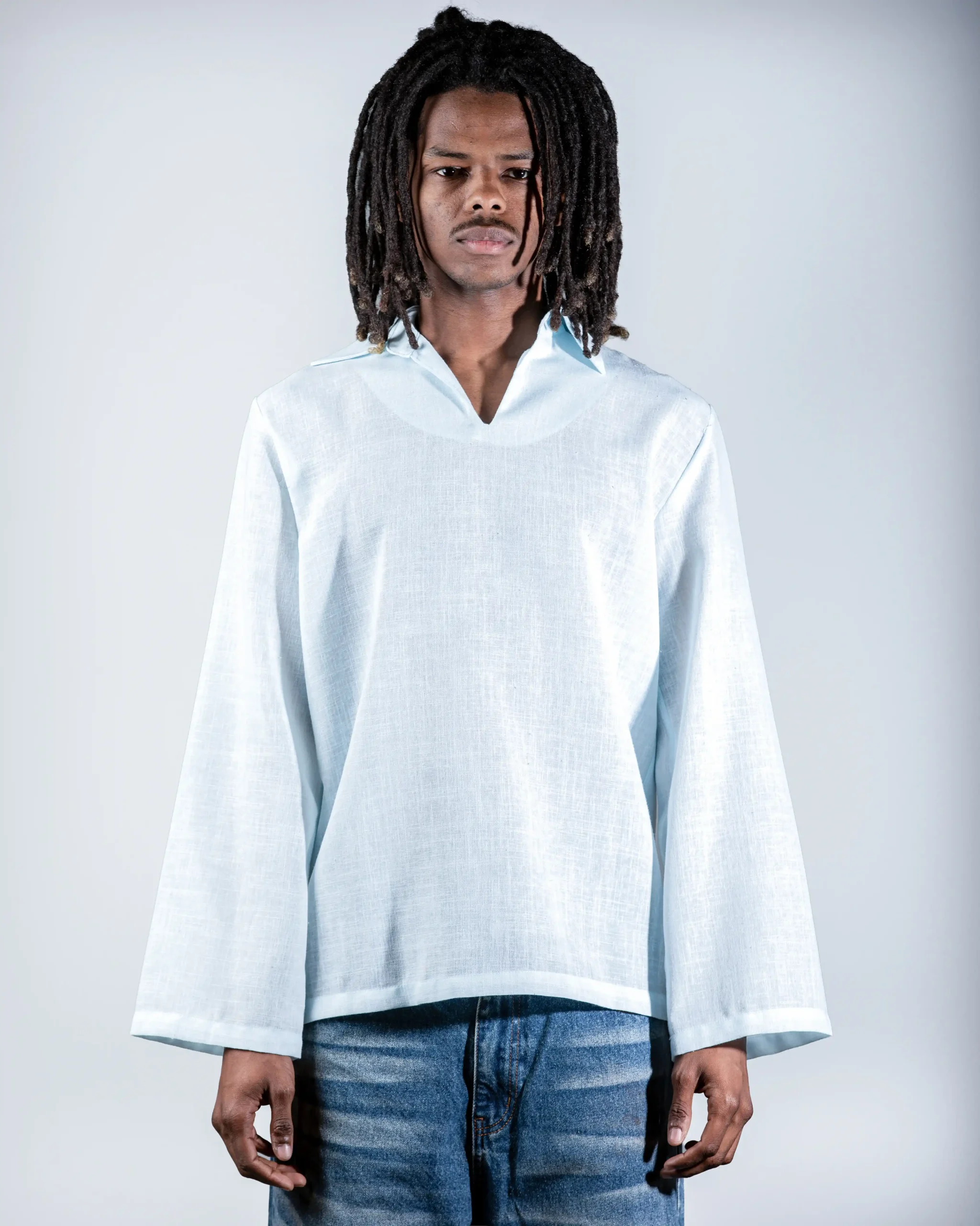 Blue V-neck linen shirt