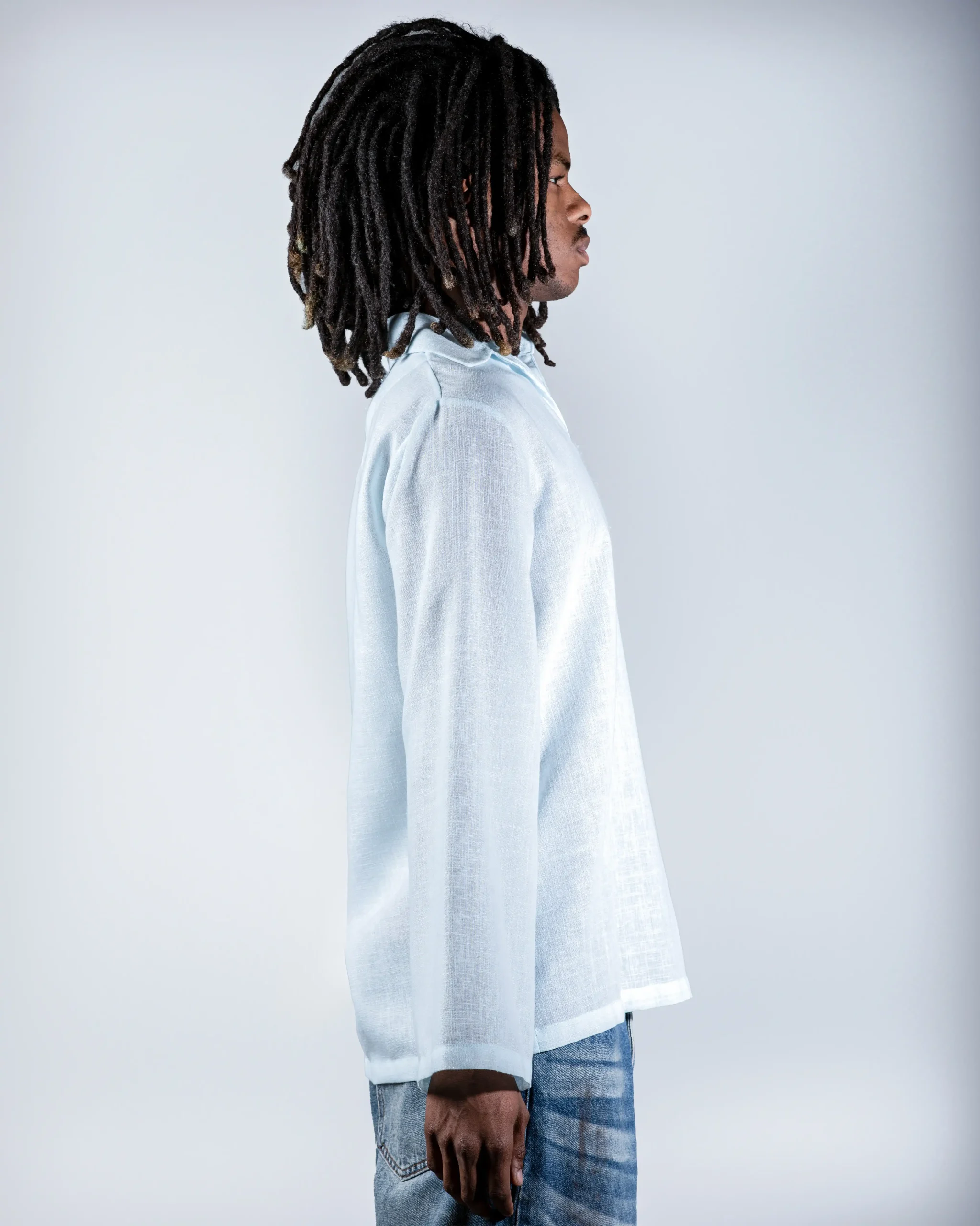 Blue V-neck linen shirt