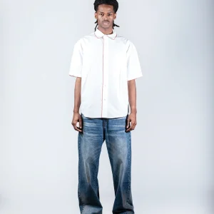 Cropped White Shirt with Red Stitching