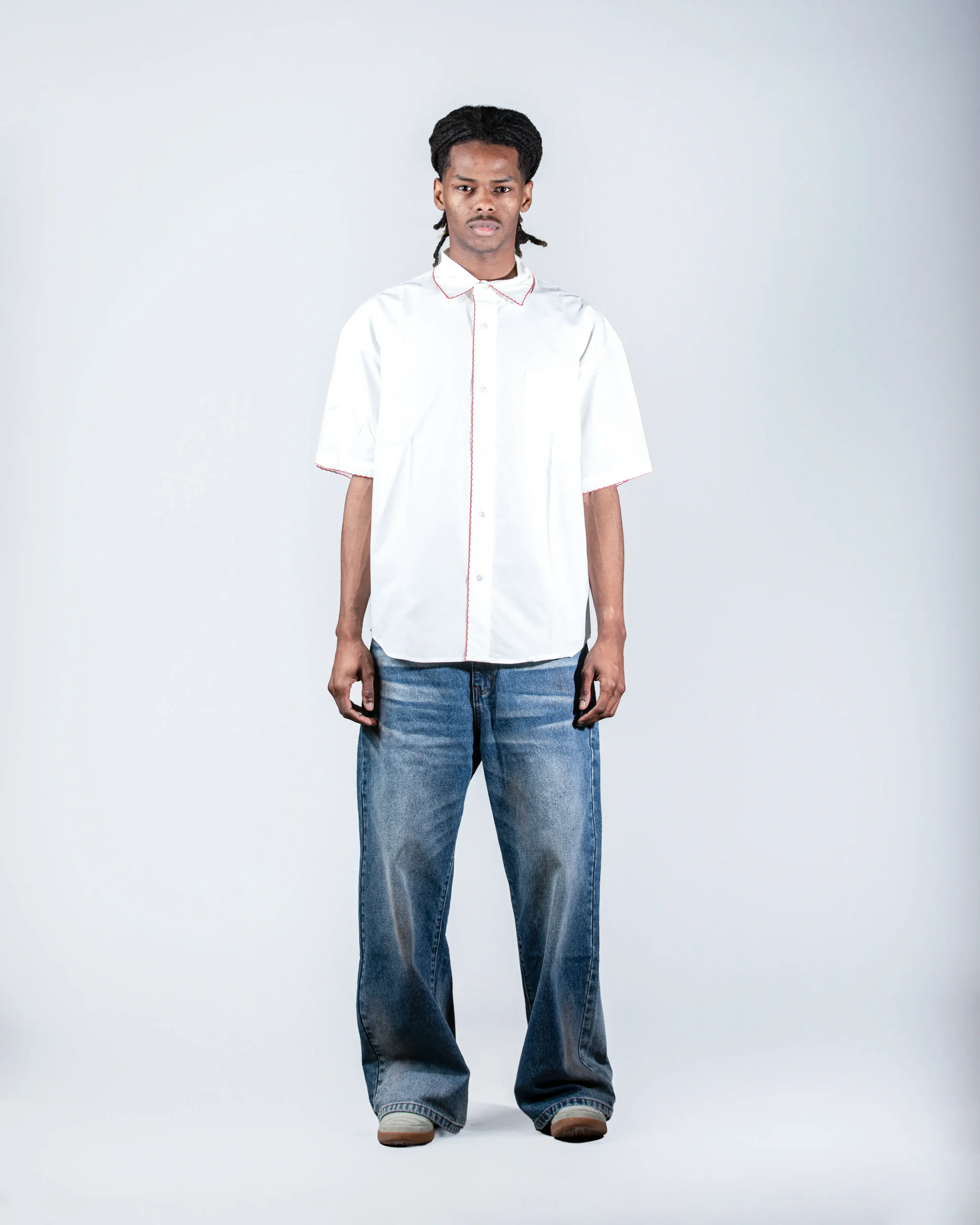 Cropped White Shirt with Red Stitching