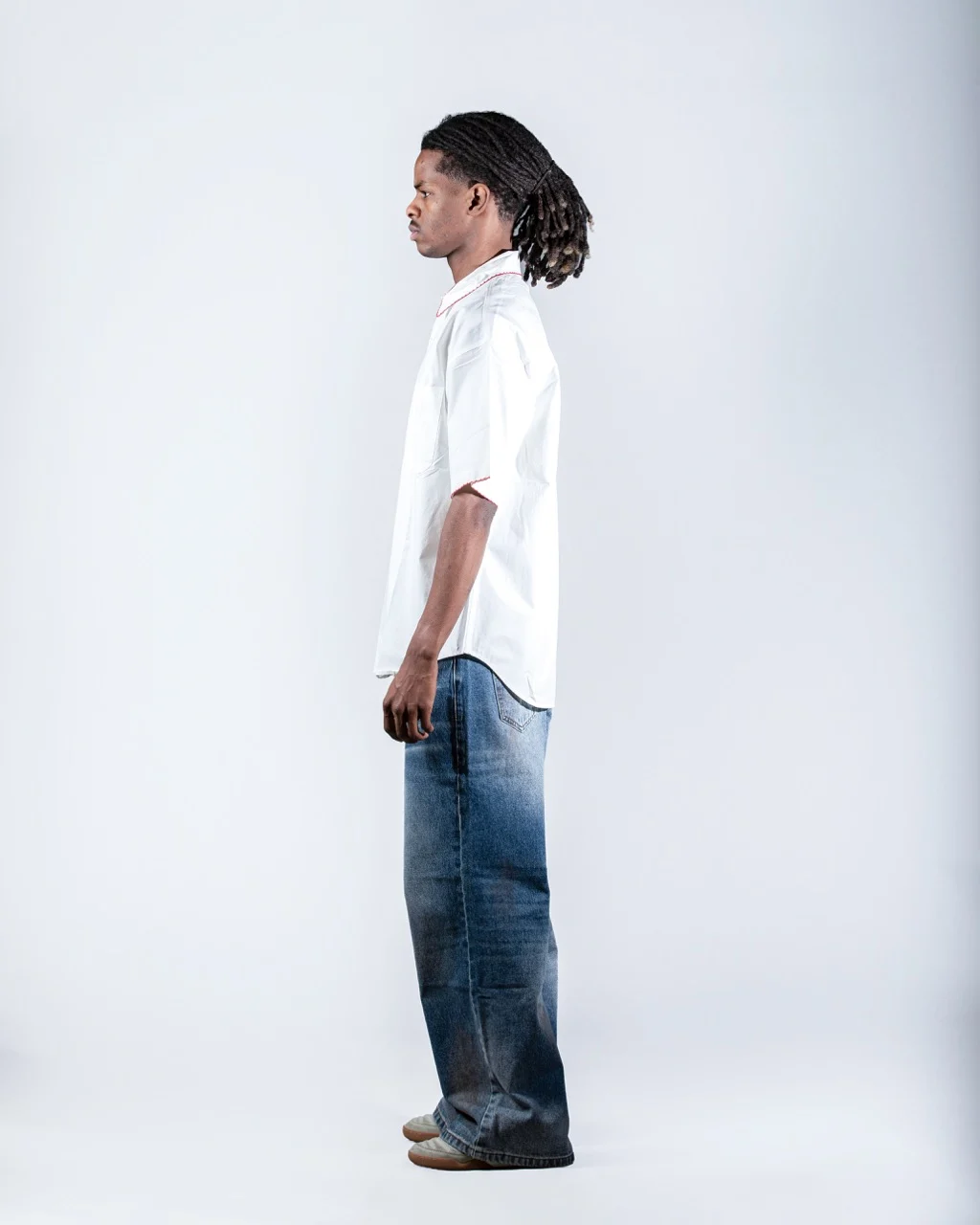 Cropped White Shirt with Red Stitching