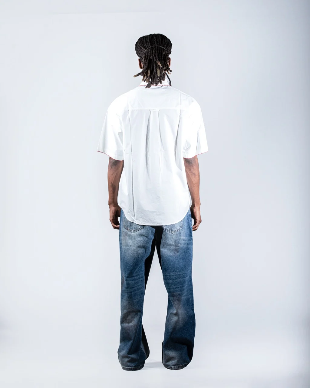 Cropped White Shirt with Red Stitching