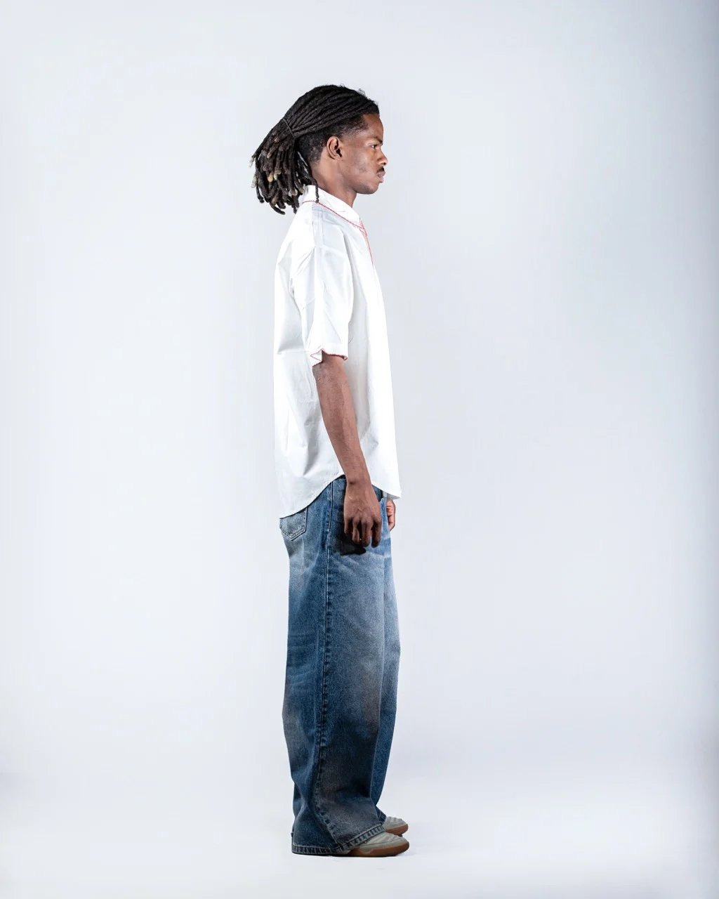 Cropped White Shirt with Red Stitching