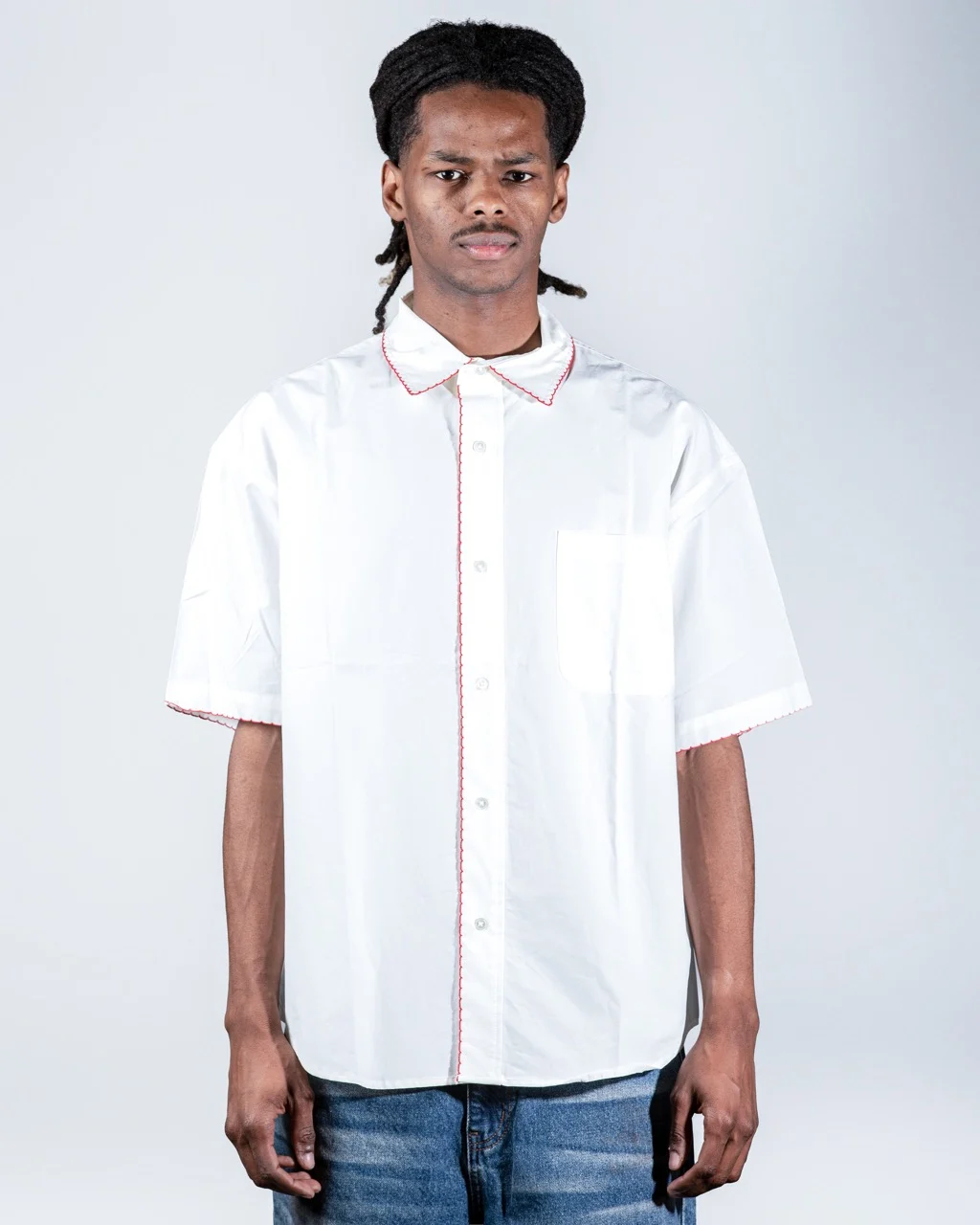 Cropped White Shirt with Red Stitching