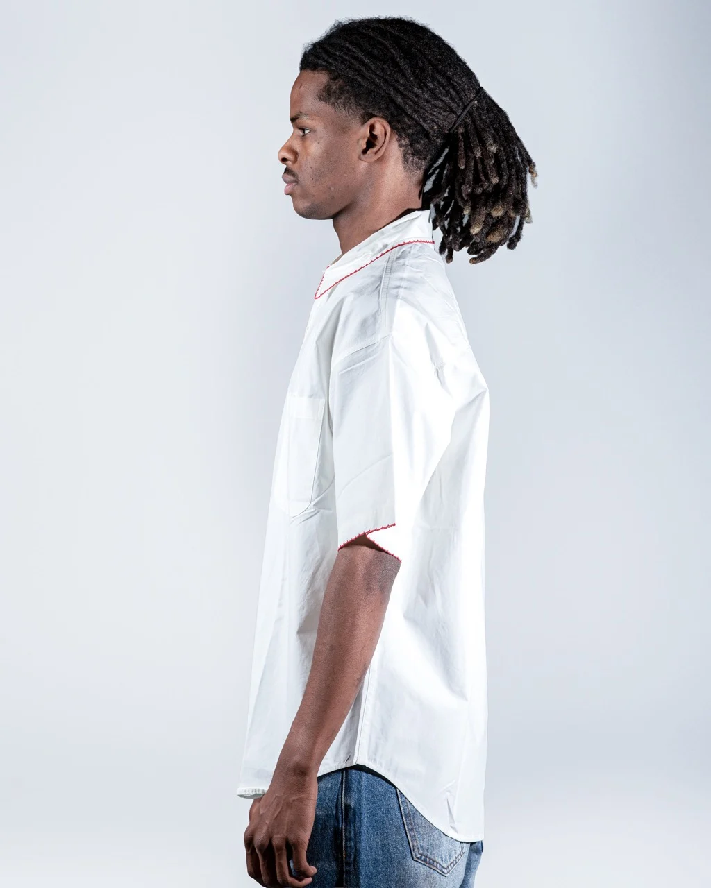 Cropped White Shirt with Red Stitching