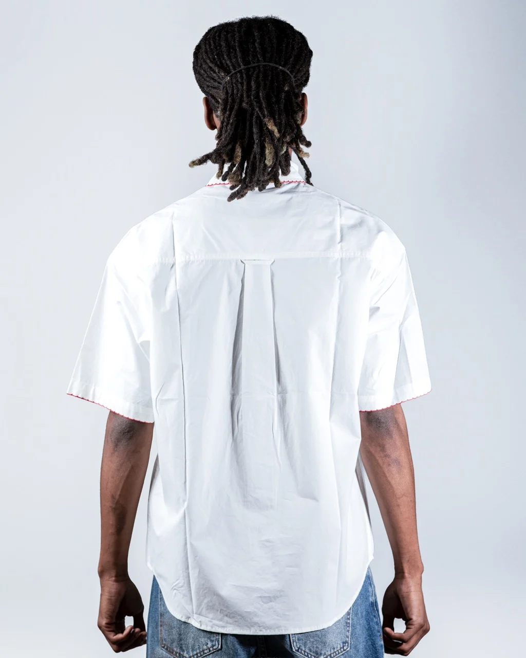 Cropped White Shirt with Red Stitching
