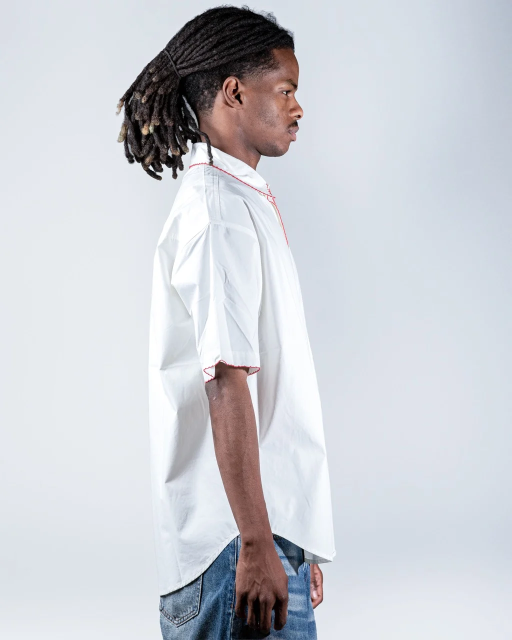 Cropped White Shirt with Red Stitching