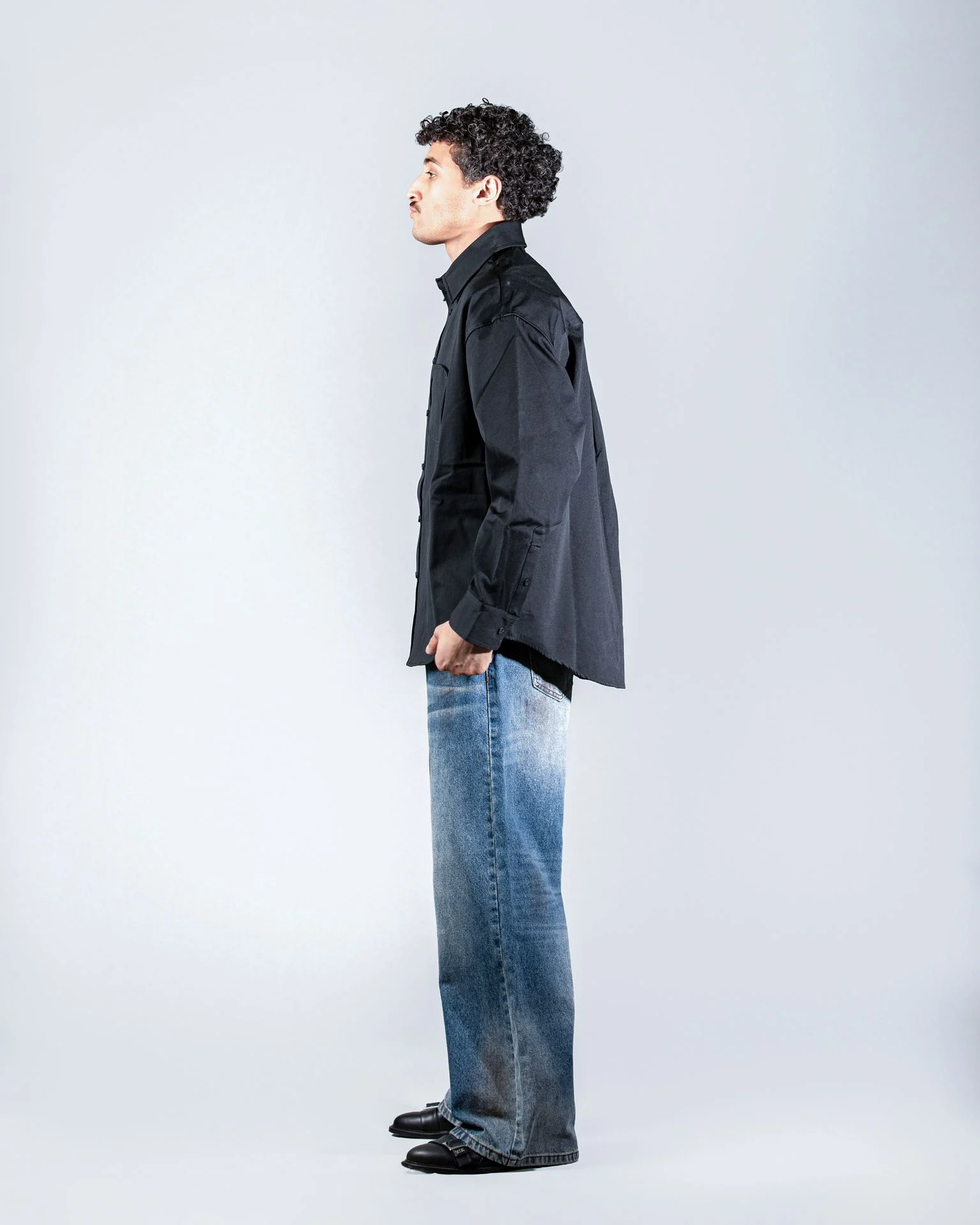 Long Black shirt with Round Patch Pocket