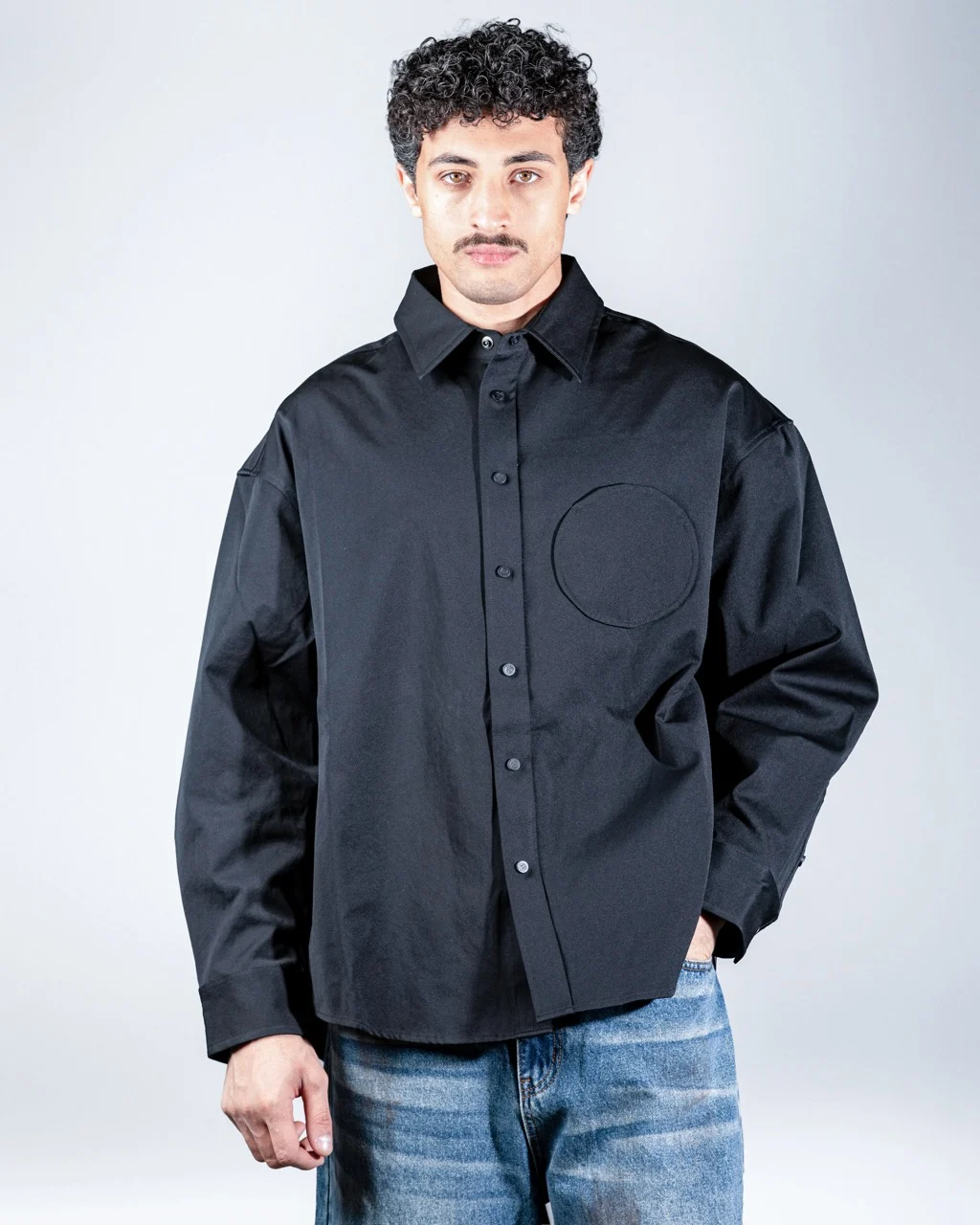 Long Black shirt with Round Patch Pocket