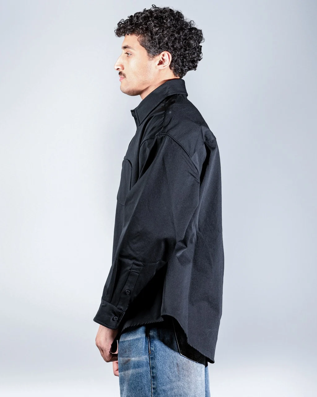 Long Black shirt with Round Patch Pocket