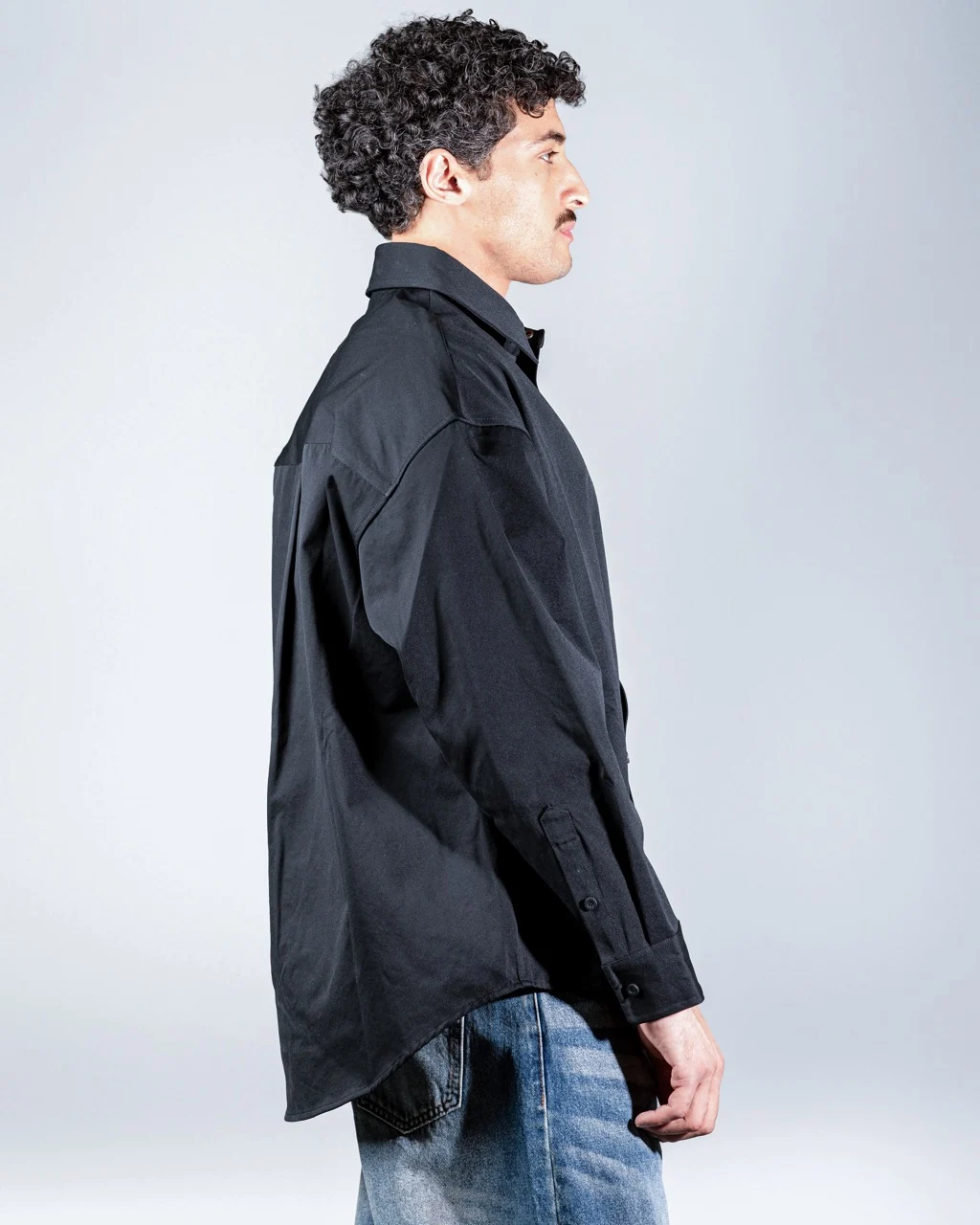 Long Black shirt with Round Patch Pocket