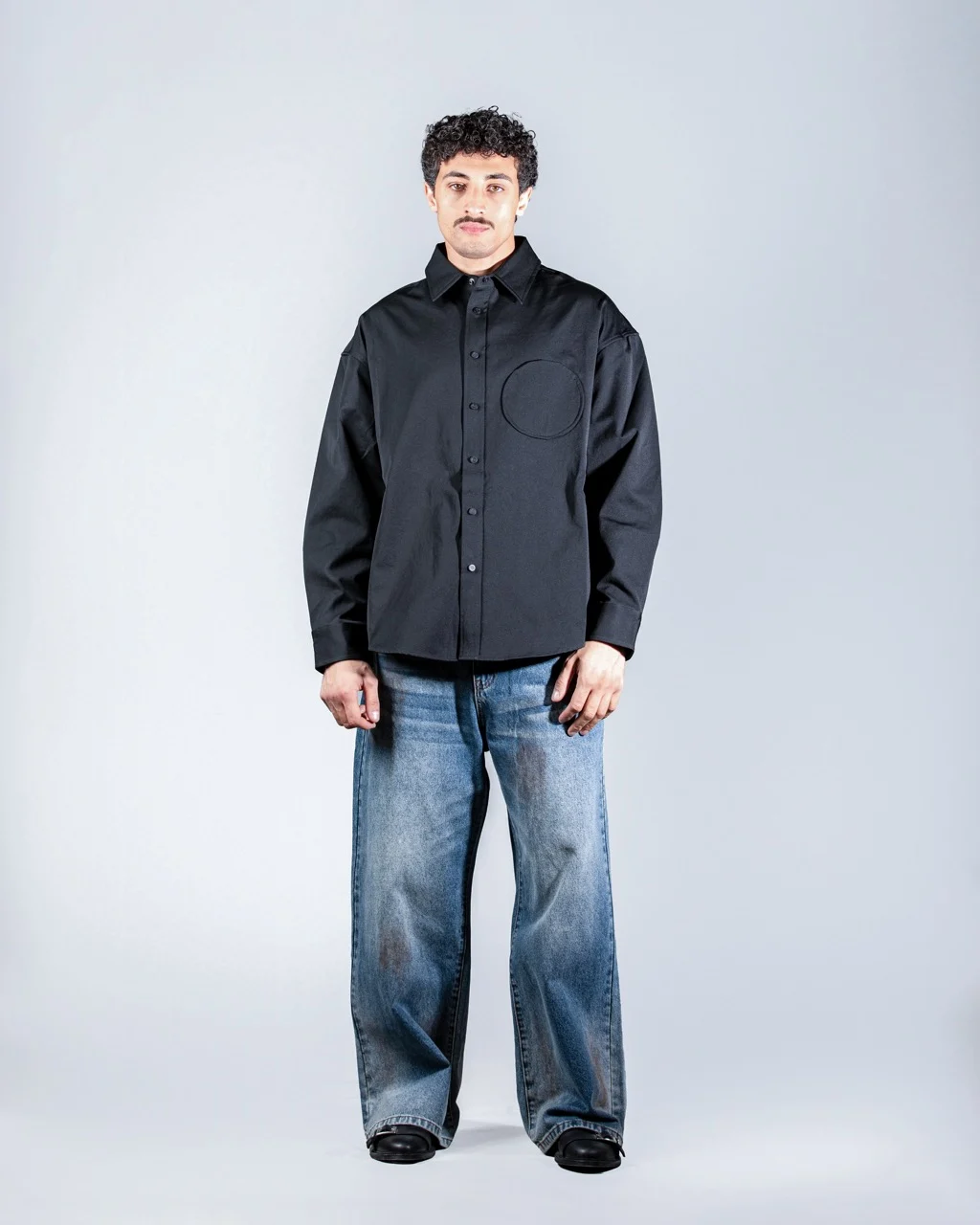 Long Black shirt with Round Patch Pocket